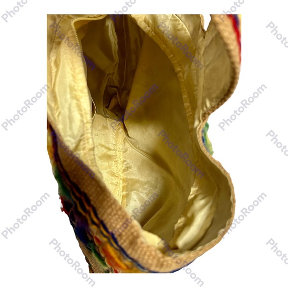 Vintage 70s Burlap Purse Bag Tote Multi Color Embroidery BOHO Hippie 14" - Picture 7 of 9